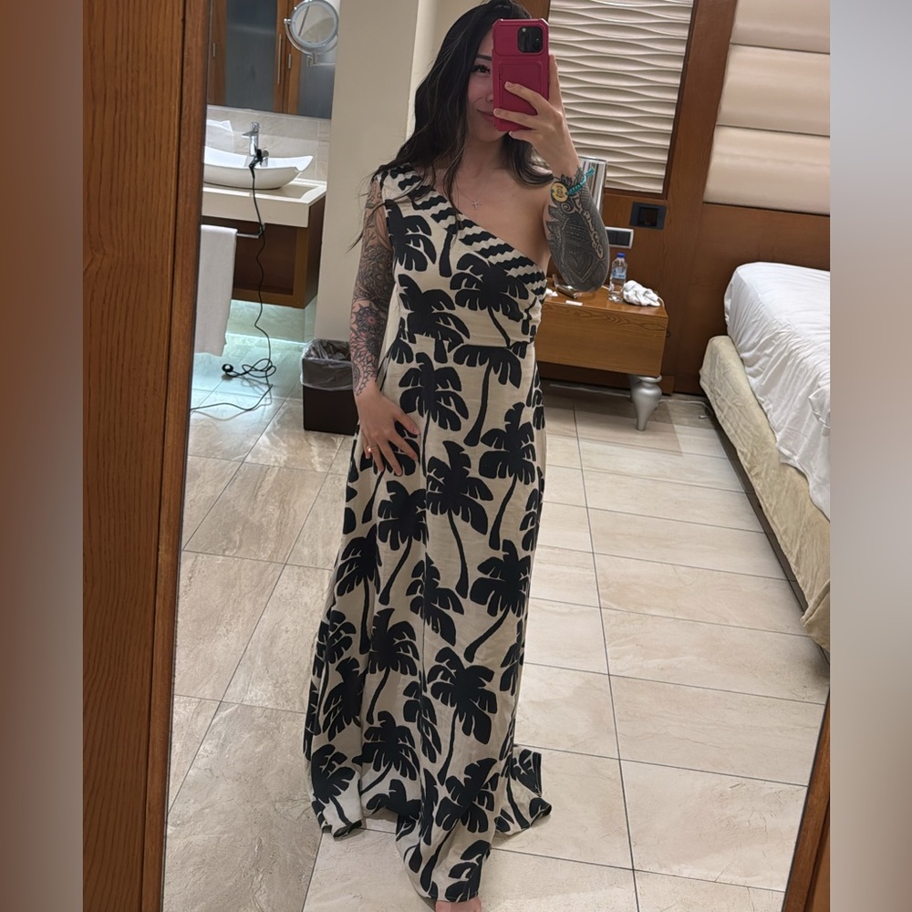 FARM RIO Linen one shoulder palm tree dress